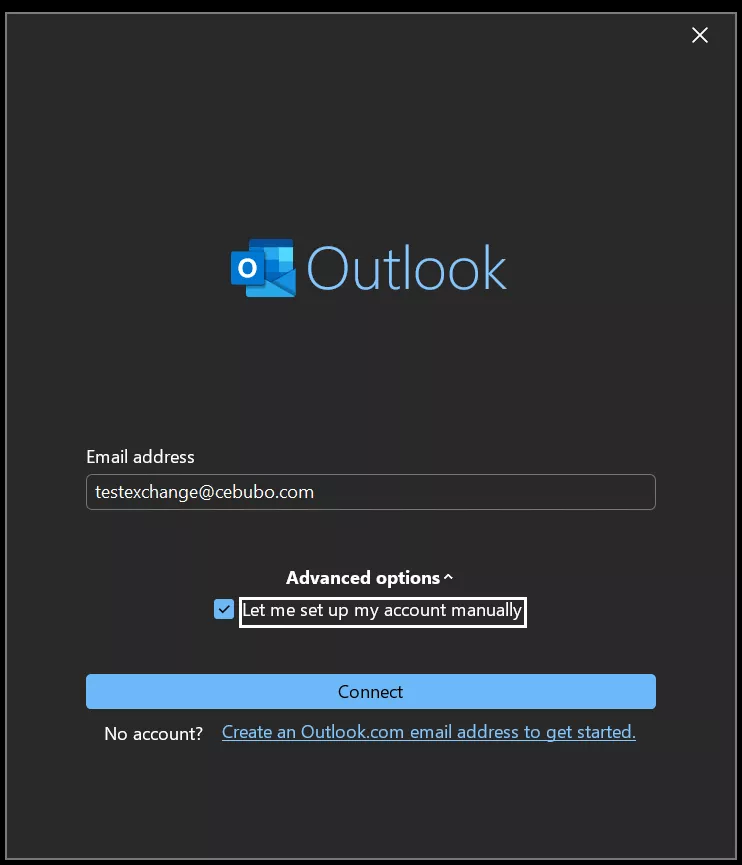 Outlook Manual Setup Checkbox